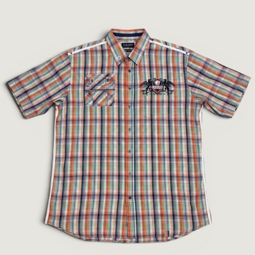 COOGI Mens XXL Plaid Button Down Shirt Short Sleeve Embroidered Orange Blue
